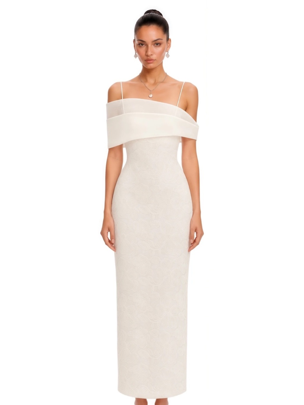 One-Shoulder Ivory Maxi Dress with Fold-Over Neckline